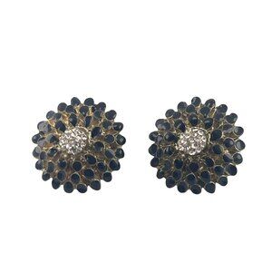 Vintage Flower Shaped Black & Crystal Rhinestone Stud Earrings